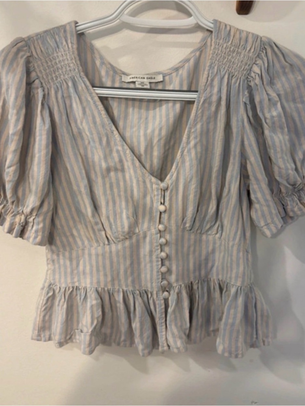 American Eagle Outfitters Light Blue & White Striped Button-Front Peplum Blouse